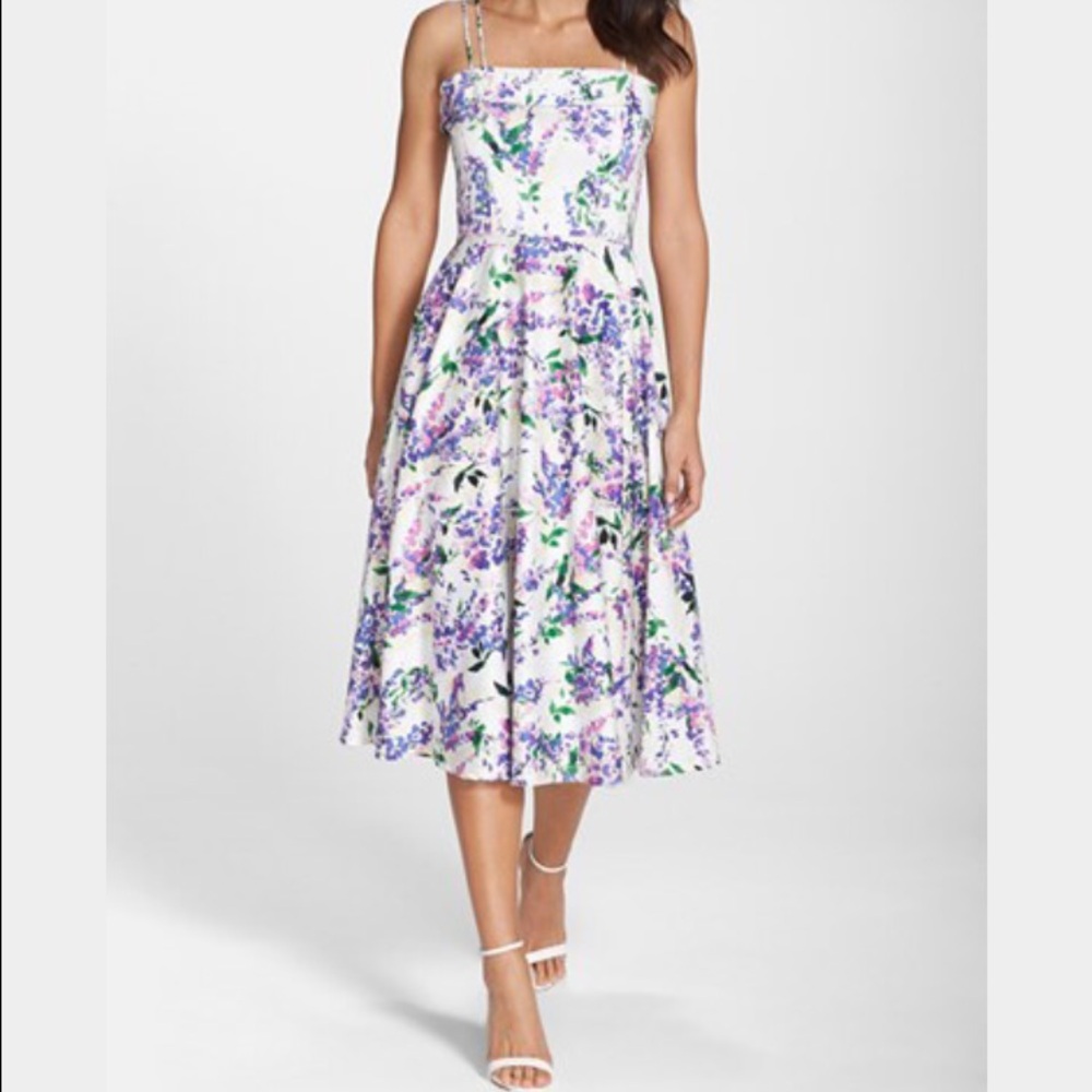 Maggy London White Floral Midi Dress with Purple and Green Print